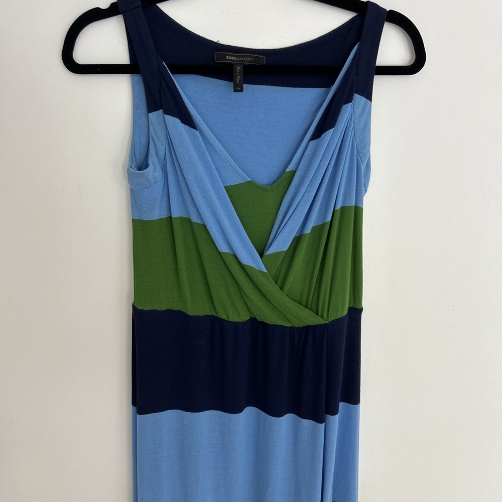 BCBG Max Azria Striped Jersey Maxi Dress V Neck Line Draped Wrap Front Sleeveles